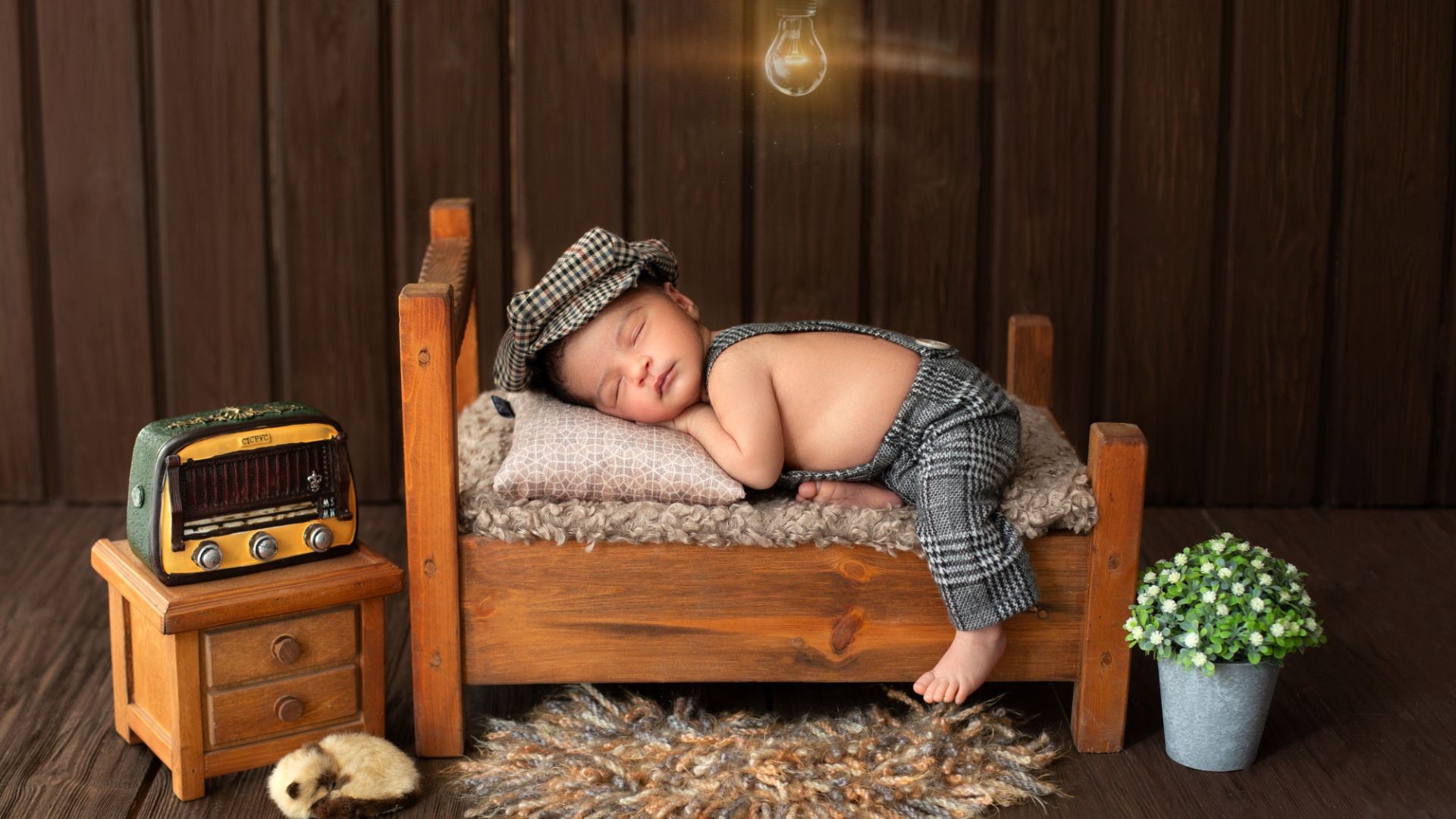 Cute Baby Sleeping Wearing Black White Dress with Hat Photography