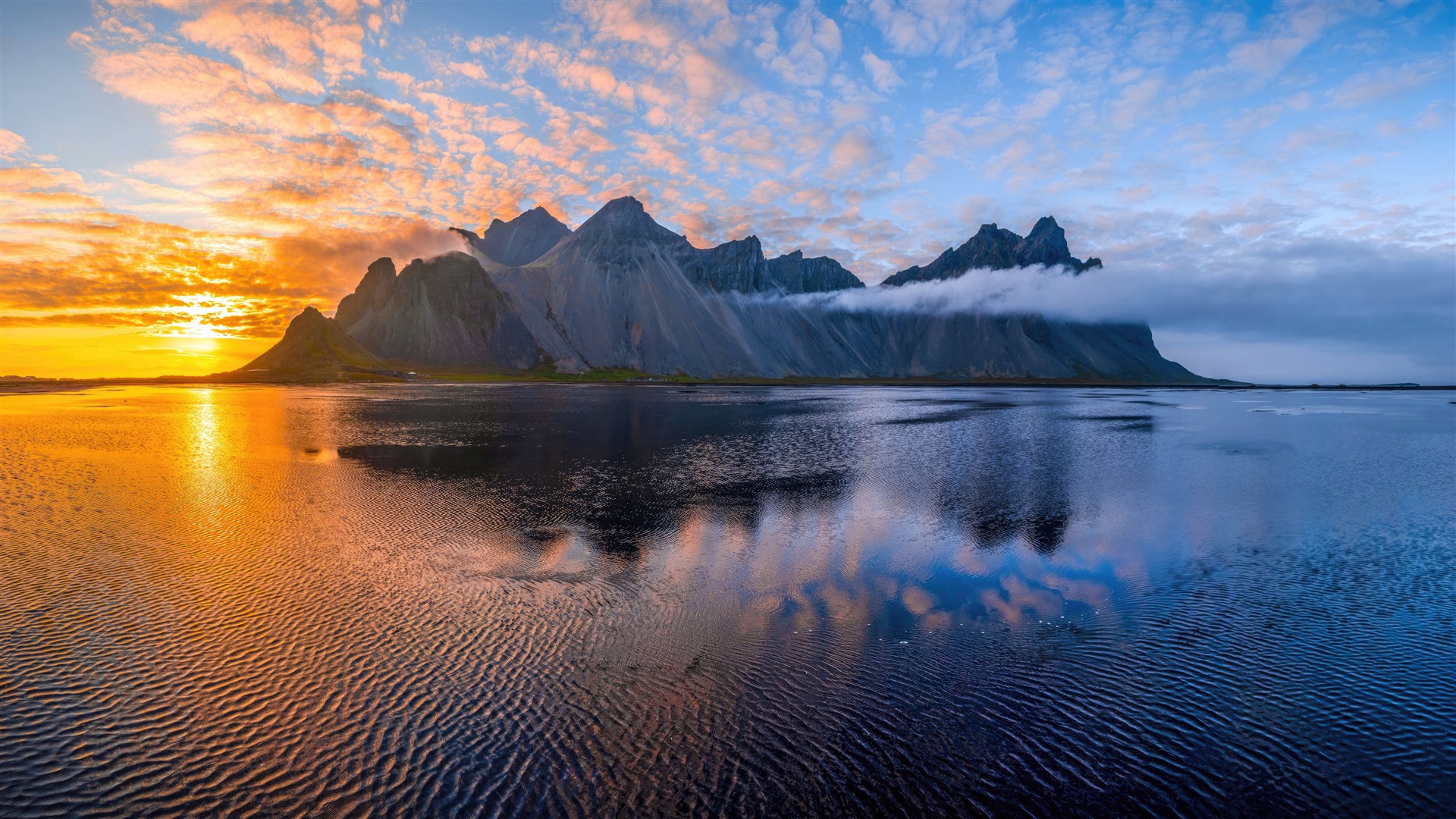Landscape Reflection Mount Sea Sunlight Icelan Background HD 1080p